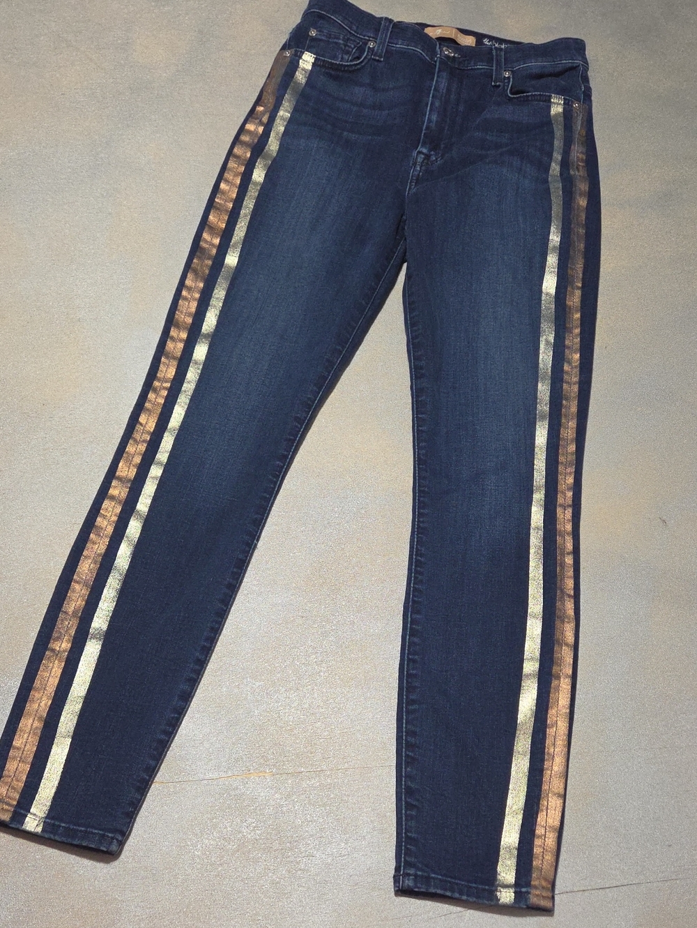7 For All Mankind Navy Skinny Jeans with Gold & Bronze Side Stripes